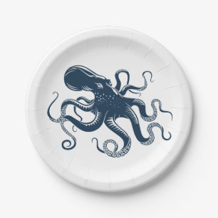 Marine blauwe octopus nautische illustratie papieren bordje