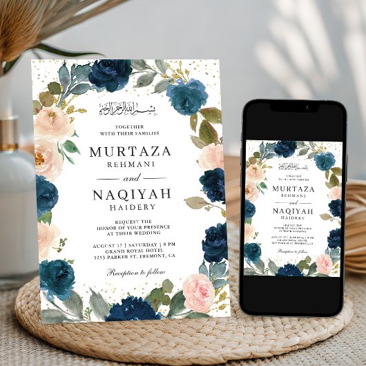 Marine Blauwe Perzik Bloemen QR Code Moslim Bruilo Kaart