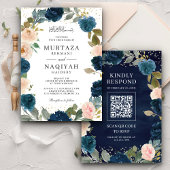 Marine Blauwe Perzik Bloemen QR Code Moslim Bruilo Kaart