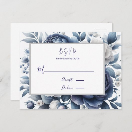 Marine Blauwe pioenen & witte rozen bruiloft RSVP Uitnodiging Briefkaart (Voorkant / Achterkant)