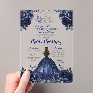 Marine Blauwe Prinses Bloemen Zilveren Kroon Mis Q Acryl Uitnodigingen