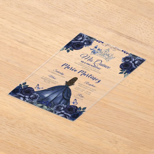 Marine Blauwe Prinses Bloemen Zilveren Kroon Mis Q Acryl Uitnodigingen (Laagn)