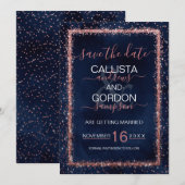 Marine Blauwe Roze Gouden Geconfettieerde Trouwdag Save The Date (Voorkant / Achterkant)
