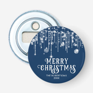 Marine Blauwe Slingerlichten Kerstfeest Button Flesopener