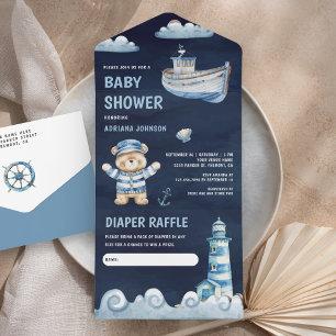 Marine Blauwe Teddibeer Zeevaart Boot Baby Shower All In One Uitnodiging