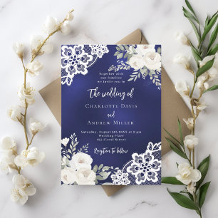 Marine blauwe witte rozen kant bruiloft uitnodigin kaart