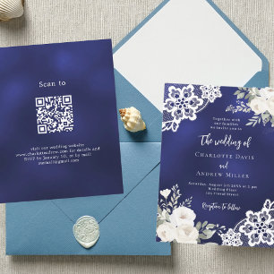 Marine blauwe witte rozen kant QR bruiloft uitnodi