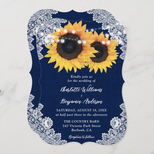 Marine Blauwe Zonnebloem Burlap Bloemen Lace Weddi Kaart (Voorkant / Achterkant)