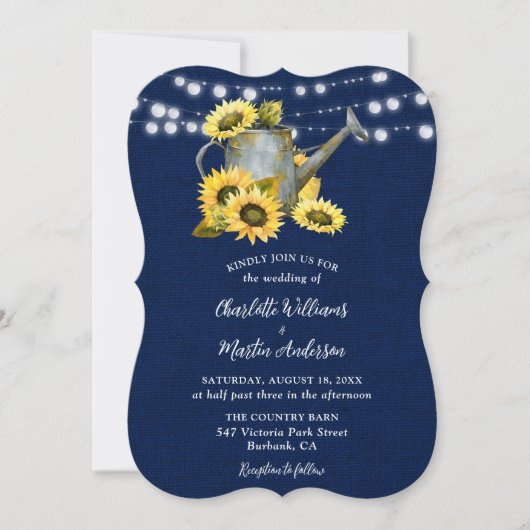 Marine Blauwe Zonnebloem Watering Kan Burlap Weddi Kaart (Voorkant)