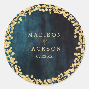 Marine Blauwgroen Waterverf & Gouden Monogram Brui Ronde Sticker