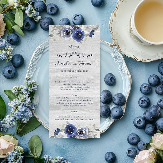 Marine bleu Argent Aquarelle Floral Mariage Menu