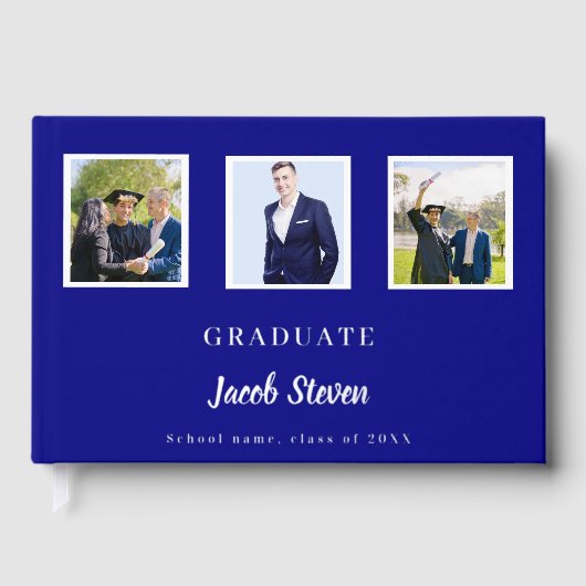 Marine bleu argent nom script photo Graduation (Recto)