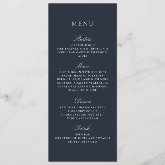 Marine Bleu Automne Hiver Élégant Menu Mariage (Devant)