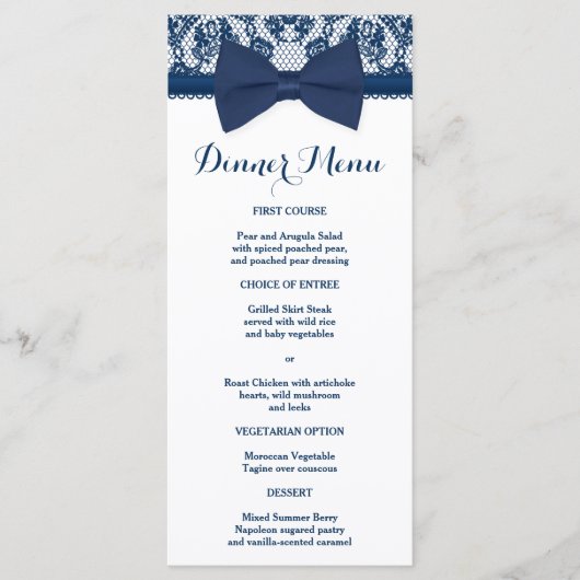 Marine Bleu & Blanc Dentelle Bow Menu Slim Dîner (Devant)