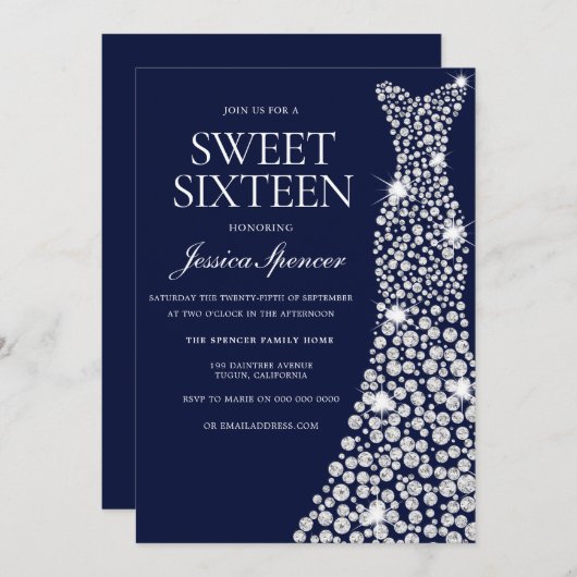 Marine Bleu Blanc Robe Doux 16 Invitation (Devant / Derrière)