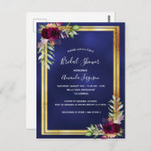 Marine bleu bordeaux floral nuptiale invitation do (Devant / Derrière)