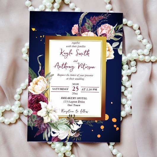 Marine bleu bordeaux rose blanc lièvre invitation