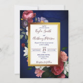 Marine bleu bordeaux rose invitation à mariage flo (Devant)