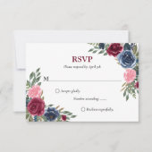 Marine Bleu Bourgogne Floral Wedding Cartes RSVP (Devant)