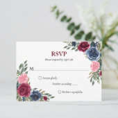 Marine Bleu Bourgogne Floral Wedding Cartes RSVP (Debout devant)