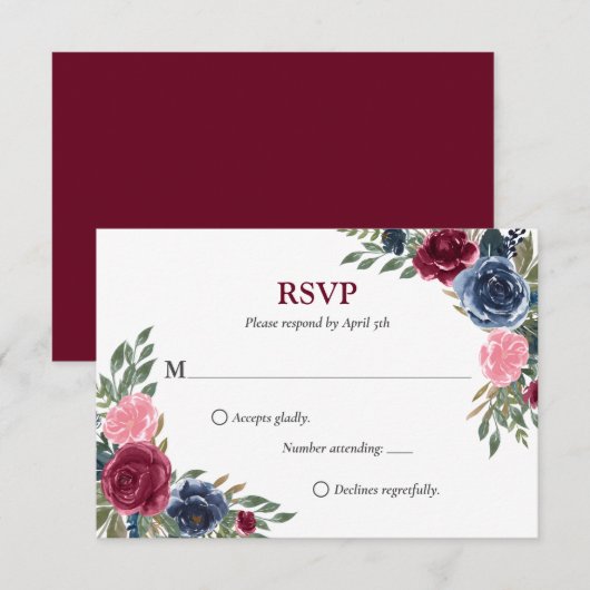 Marine Bleu Bourgogne Floral Wedding Cartes RSVP (Devant / Derrière)