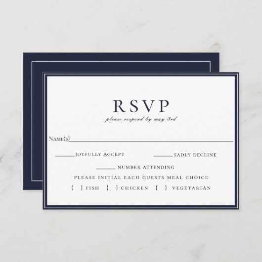 Marine Bleu Cadre Blanc Mariage RSVP Meal Choice (Devant / Derrière)