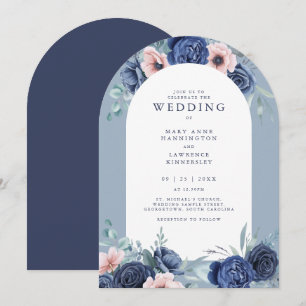 Marine bleu Floral Blush Faire-part de mariage ros