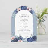 Marine bleu Floral Blush Faire-part de mariage ros (Debout devant)
