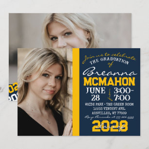 Marine Bleu & Or Graduation 2 Photo Invitation