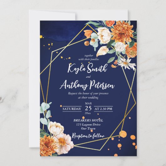 Marine bleu orange blanc roses invitation de maria (Devant)