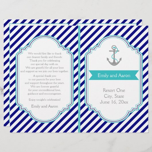 Marine bleu, programme de mariage nautique aqua (Devant / Derrière)