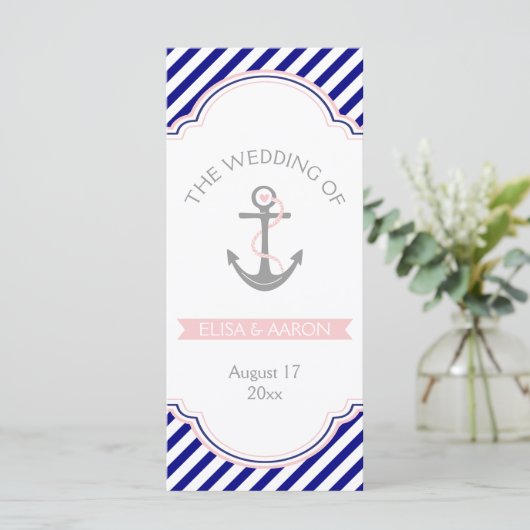 Marine bleu, programme de mariage nautique rose (Debout devant)