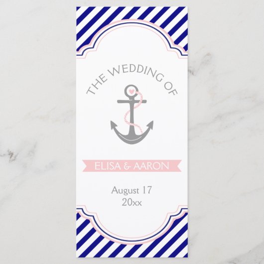 Marine bleu, programme de mariage nautique rose (Devant)