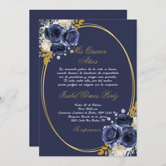 Marine bleu Quinceanera invitation en espagnol (Devant / Derrière)