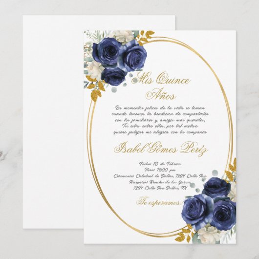 Marine bleu Quinceanera invitation en espagnol (Devant / Derrière)