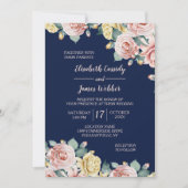 Marine bleu rose floral jolie Faire-part de mariag (Devant)