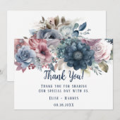 Marine Bleu rose rose Roses Mariage Merci Cartes (Devant / Derrière)