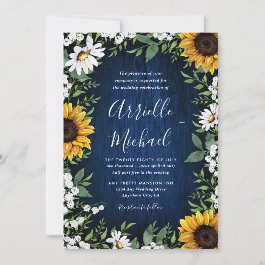 Marine Bleu Tournesol Rustique Mariage Invitations (Devant)