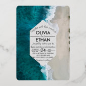 Marine bleu vagues côtier Mariage Foil Invitation (Recto)