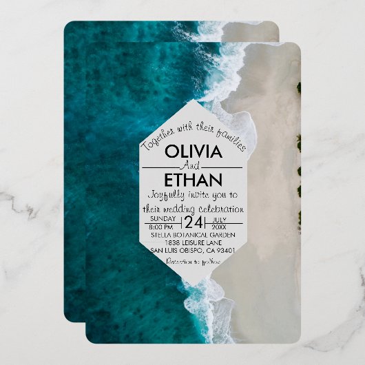 Marine bleu vagues côtier Mariage Foil Invitation (Recto/Verso)