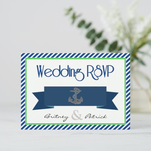 Marine Bleu Vert Blanc Nautique Mariage Cartes RSV (Debout devant)