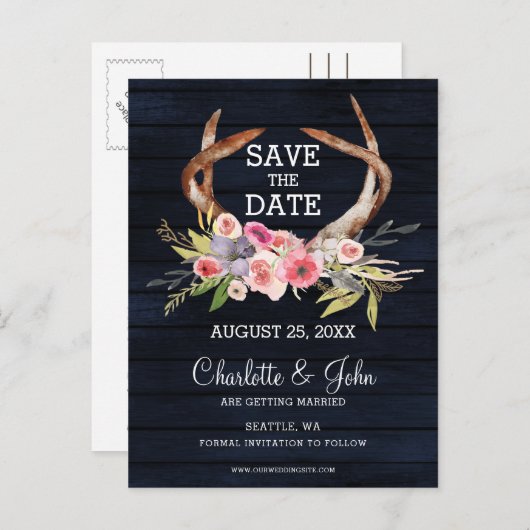 Marine bloeiende gewei land chique bruiloft aankondigingskaart (Voorkant / Achterkant)