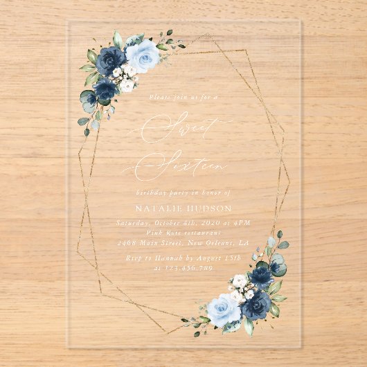 Marine Bloemen, Blauwe Bloemen, Groen, Zoet 16 Acryl Uitnodigingen (Voorkant)