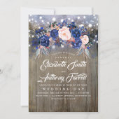 Marine Bloemen Rustieke String Lights Bruiloft Kaart (Voorkant)