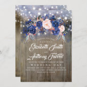 Marine Bloemen Rustieke String Lights Bruiloft Kaart (Voorkant / Achterkant)