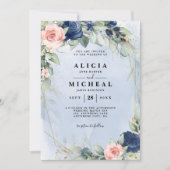 Marine & blos roze bloemen bruiloft Uitnodiging (Voorkant)