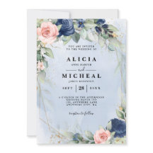 Marine & blos roze bloemen bruiloft Uitnodiging