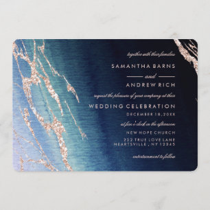 Marine Blue Agate & Rose Gold Wedding Invitations