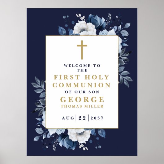 Marine Blue Boho Floral Holy Communion Affiche de (Devant)