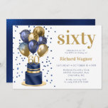 Marine Blue Cake 60th Birthday Invitation<br><div class="desc">Cette fabuleuse invitation de 60ème anniversaire masculin avec un gâteau bleu marine et or 2 couches avec ballons bleu marine et or, le numéro 60 en or et confetti bleu brillant serait parfait pour célébrer votre mari, frère, père, ami, collègue. Traditionnel et classique, il est frais, moderne et contemporain. L'arrière...</div>